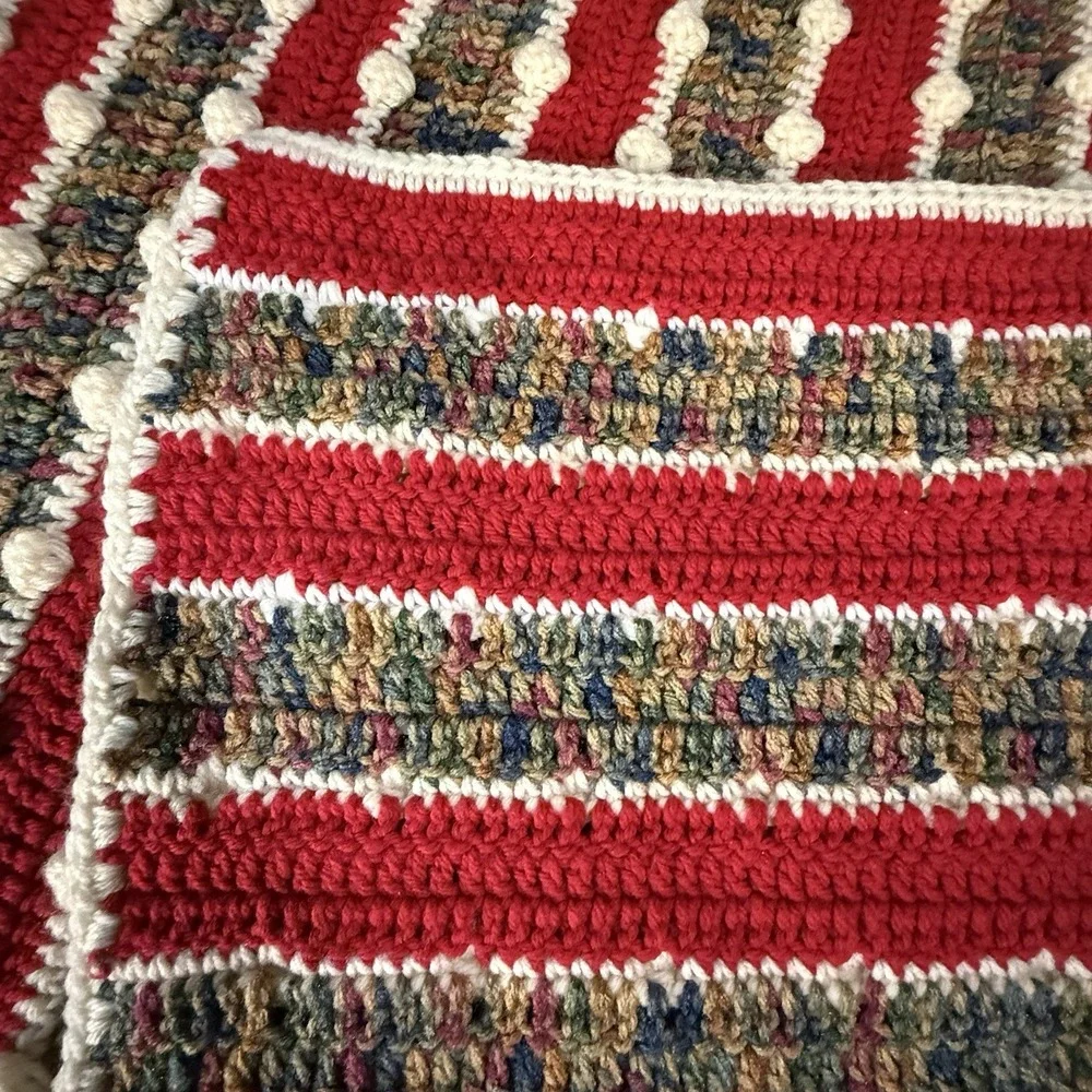Hand Knit Blanket Throw Bobble Stitch  Stripe‎ Multicolor 2 Corner Ties 37x38
